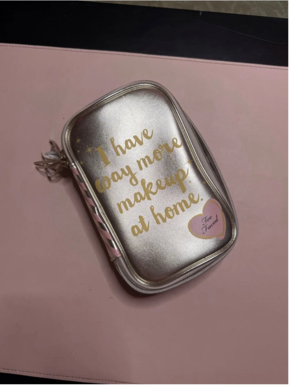 Too Faced Gold Pink Striped Cosmetic Bag